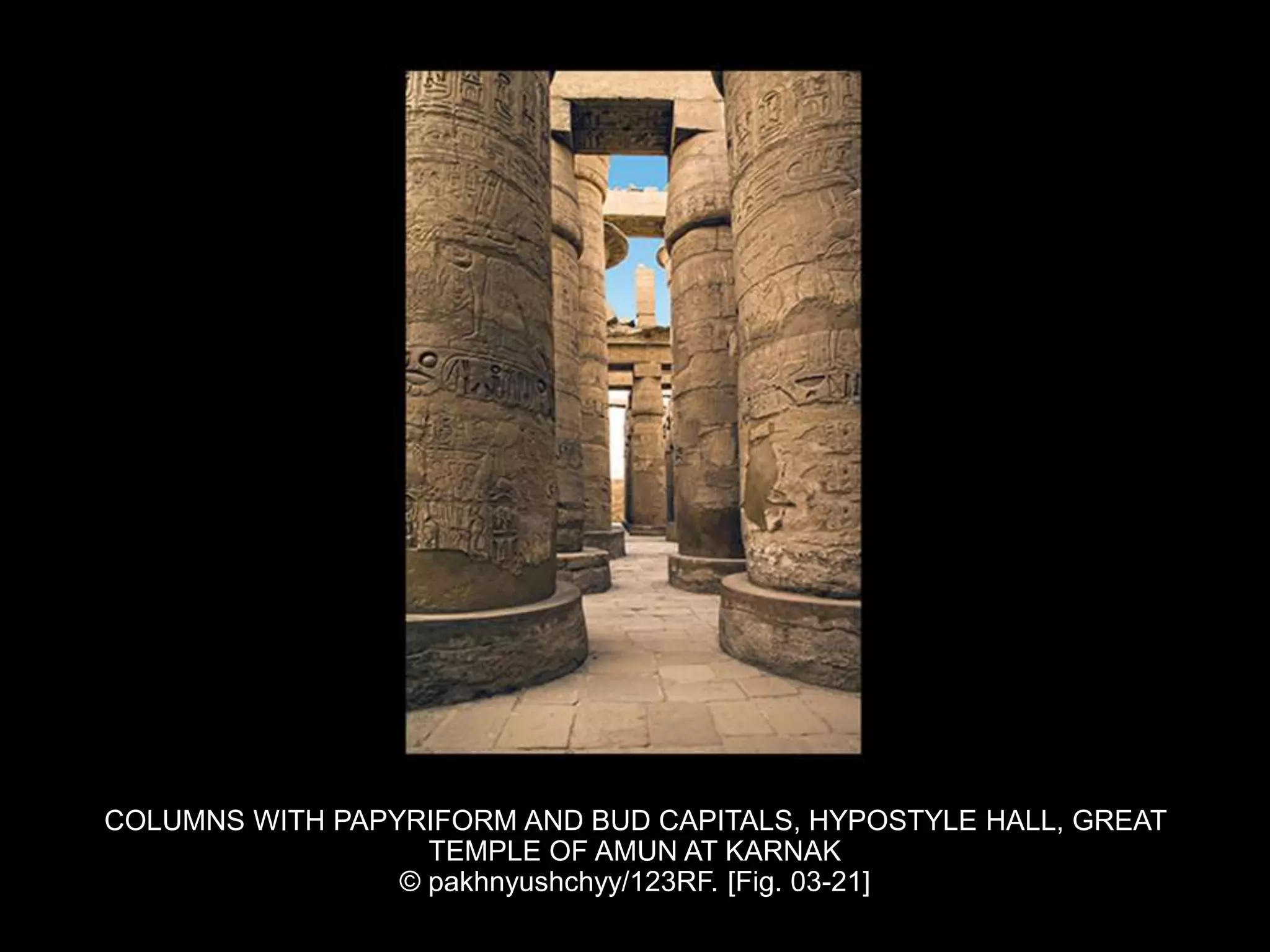 COLUMNS WITH PAPYRIFORM AND BUD CAPITALS, HYPOSTYLE HALL, GREAT
TEMPLE OF AMUN AT KARNAK
© pakhnyushchyy/123RF. [Fig. 03-21]
 