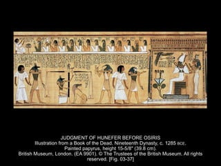 JUDGMENT OF HUNEFER BEFORE OSIRIS
Illustration from a Book of the Dead. Nineteenth Dynasty, c. 1285 BCE.
Painted papyrus, height 15-5/8" (39.8 cm).
British Museum, London. (EA 9901). © The Trustees of the British Museum. All rights
reserved. [Fig. 03-37]
 