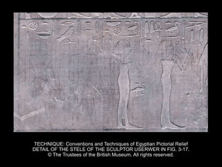 TECHNIQUE: Conventions and Techniques of Egyptian Pictorial Relief
DETAIL OF THE STELE OF THE SCULPTOR USERWER IN FIG. 3-17.
© The Trustees of the British Museum. All rights reserved.
 