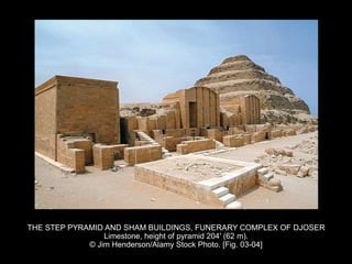 THE STEP PYRAMID AND SHAM BUILDINGS, FUNERARY COMPLEX OF DJOSER
Limestone, height of pyramid 204' (62 m).
© Jim Henderson/Alamy Stock Photo. [Fig. 03-04]
 