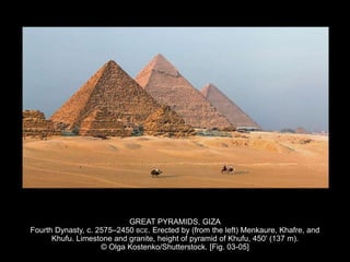 GREAT PYRAMIDS, GIZA
Fourth Dynasty, c. 2575–2450 BCE. Erected by (from the left) Menkaure, Khafre, and
Khufu. Limestone and granite, height of pyramid of Khufu, 450' (137 m).
© Olga Kostenko/Shutterstock. [Fig. 03-05]
 