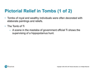 Copyright © 2018, 2014, 2011 Pearson Education, Inc. All Rights Reserved
Pictorial Relief in Tombs (1 of 2)
• Tombs of royal and wealthy individuals were often decorated with
elaborate paintings and reliefs.
• The Tomb of Ti
– A scene in the mastaba of government official Ti shows the
supervising of a hippopotamus hunt.
 