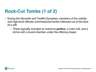 Copyright © 2018, 2014, 2011 Pearson Education, Inc. All Rights Reserved
Rock-Cut Tombs (1 of 2)
• During the Eleventh and Twelfth Dynasties, members of the nobility
and high-level officials commissioned tombs hollowed out of the face
of a cliff.
– These typically included an entrance portico, a main hall, and a
shrine with a burial chamber under the offering chapel.
 