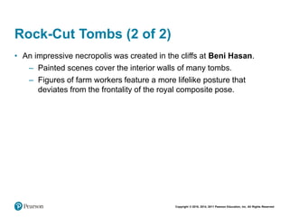 Copyright © 2018, 2014, 2011 Pearson Education, Inc. All Rights Reserved
Rock-Cut Tombs (2 of 2)
• An impressive necropolis was created in the cliffs at Beni Hasan.
– Painted scenes cover the interior walls of many tombs.
– Figures of farm workers feature a more lifelike posture that
deviates from the frontality of the royal composite pose.
 