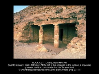 ROCK-CUT TOMBS, BENI HASAN
Twelfth Dynasty, 1938–1756 BCE. At the left is the entrance to the tomb of a provincial
governor and the commander-in-chief Amenemhat.
© www.BibleLandPictures.com/Alamy Stock Photo. [Fig. 03-15]
 