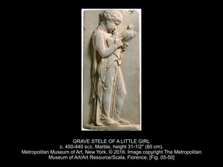 GRAVE STELE OF A LITTLE GIRL
c. 450-440 BCE. Marble, height 31-1/2" (80 cm).
Metropolitan Museum of Art, New York. © 2016. Image copyright The Metropolitan
Museum of Art/Art Resource/Scala, Florence. [Fig. 05-50]
 