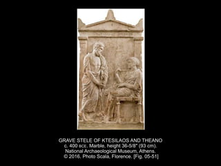GRAVE STELE OF KTESILAOS AND THEANO
c. 400 BCE. Marble, height 36-5/8" (93 cm).
National Archaeological Museum, Athens.
© 2016. Photo Scala, Florence. [Fig. 05-51]
 