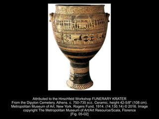 Attributed to the Hirschfeld Workshop FUNERARY KRATER
From the Dipylon Cemetery, Athens. c. 750-735 BCE. Ceramic, height 42-5/8" (108 cm).
Metropolitan Museum of Art, New York. Rogers Fund, 1914. (14.130.14) © 2016. Image
copyright The Metropolitan Museum of Art/Art Resource/Scala, Florence
[Fig. 05-02]
 