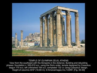 TEMPLE OF OLYMPIAN ZEUS, ATHENS
View from the southeast with the Akropolis in the distance. Building and rebuilding
phases: foundation c. 520-510 BCE, using the Doric order; temple designed by Cossutius
begun 175 BCE; left unfinished 164 BCE; completed 132 CE using Cossutius' design.
Height of columns 55'5" (16.89 m). © Amanaimages Inc./123RF. [Fig. 05-59]
 