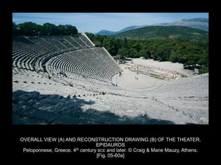 OVERALL VIEW (A) AND RECONSTRUCTION DRAWING (B) OF THE THEATER,
EPIDAUROS
Peloponnese, Greece. 4th century BCE and later. © Craig & Marie Mauzy, Athens.
[Fig. 05-60a]
 
