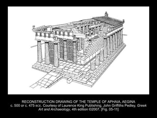 RECONSTRUCTION DRAWING OF THE TEMPLE OF APHAIA, AEGINA
c. 500 or c. 475 BCE. Courtesy of Laurence King Publishing, John Griffiths Pedley, Greek
Art and Archaeology, 4th edition ©2007. [Fig. 05-11]
 