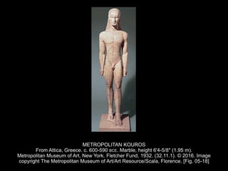 METROPOLITAN KOUROS
From Attica, Greece. c. 600-590 BCE. Marble, height 6'4-5/8" (1.95 m).
Metropolitan Museum of Art, New York. Fletcher Fund, 1932. (32.11.1). © 2016. Image
copyright The Metropolitan Museum of Art/Art Resource/Scala, Florence. [Fig. 05-18]
 