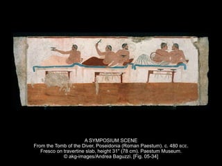A SYMPOSIUM SCENE
From the Tomb of the Diver, Poseidonia (Roman Paestum). c. 480 BCE.
Fresco on travertine slab, height 31" (78 cm). Paestum Museum.
© akg-images/Andrea Baguzzi. [Fig. 05-34]
 