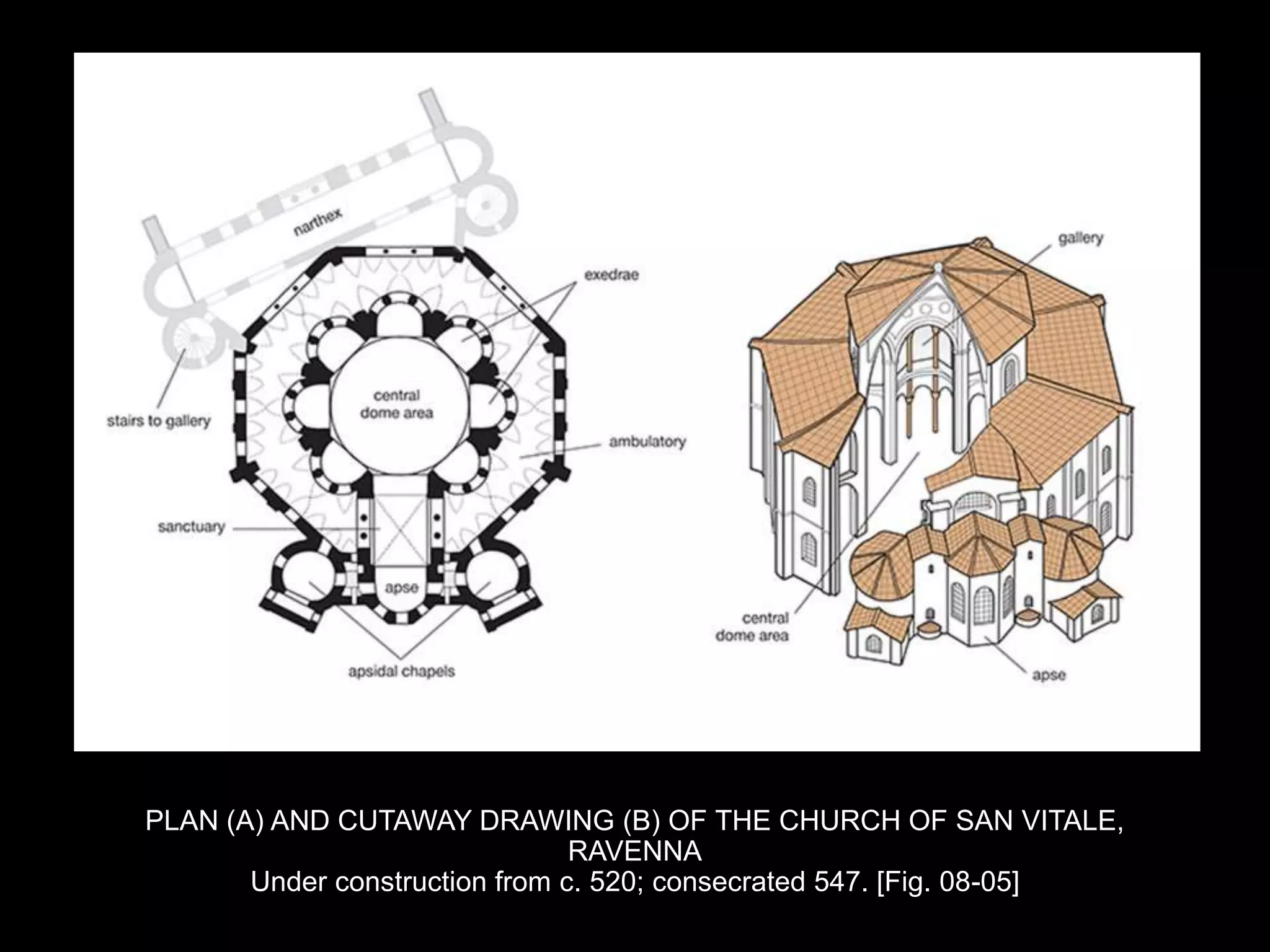 PLAN (A) AND CUTAWAY DRAWING (B) OF THE CHURCH OF SAN VITALE,
RAVENNA
Under construction from c. 520; consecrated 547. [Fig. 08-05]
 