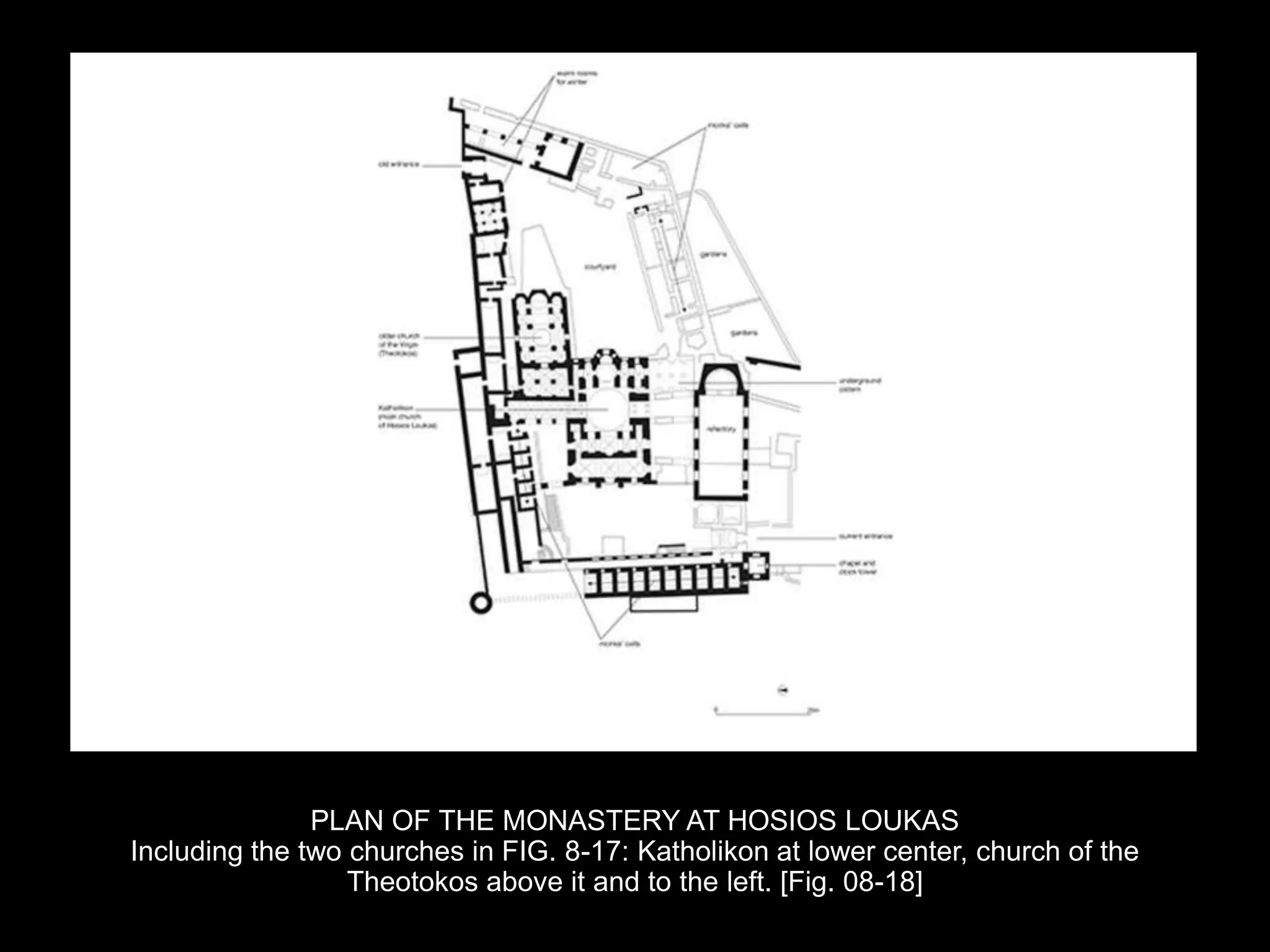 PLAN OF THE MONASTERY AT HOSIOS LOUKAS
Including the two churches in FIG. 8-17: Katholikon at lower center, church of the
Theotokos above it and to the left. [Fig. 08-18]
 