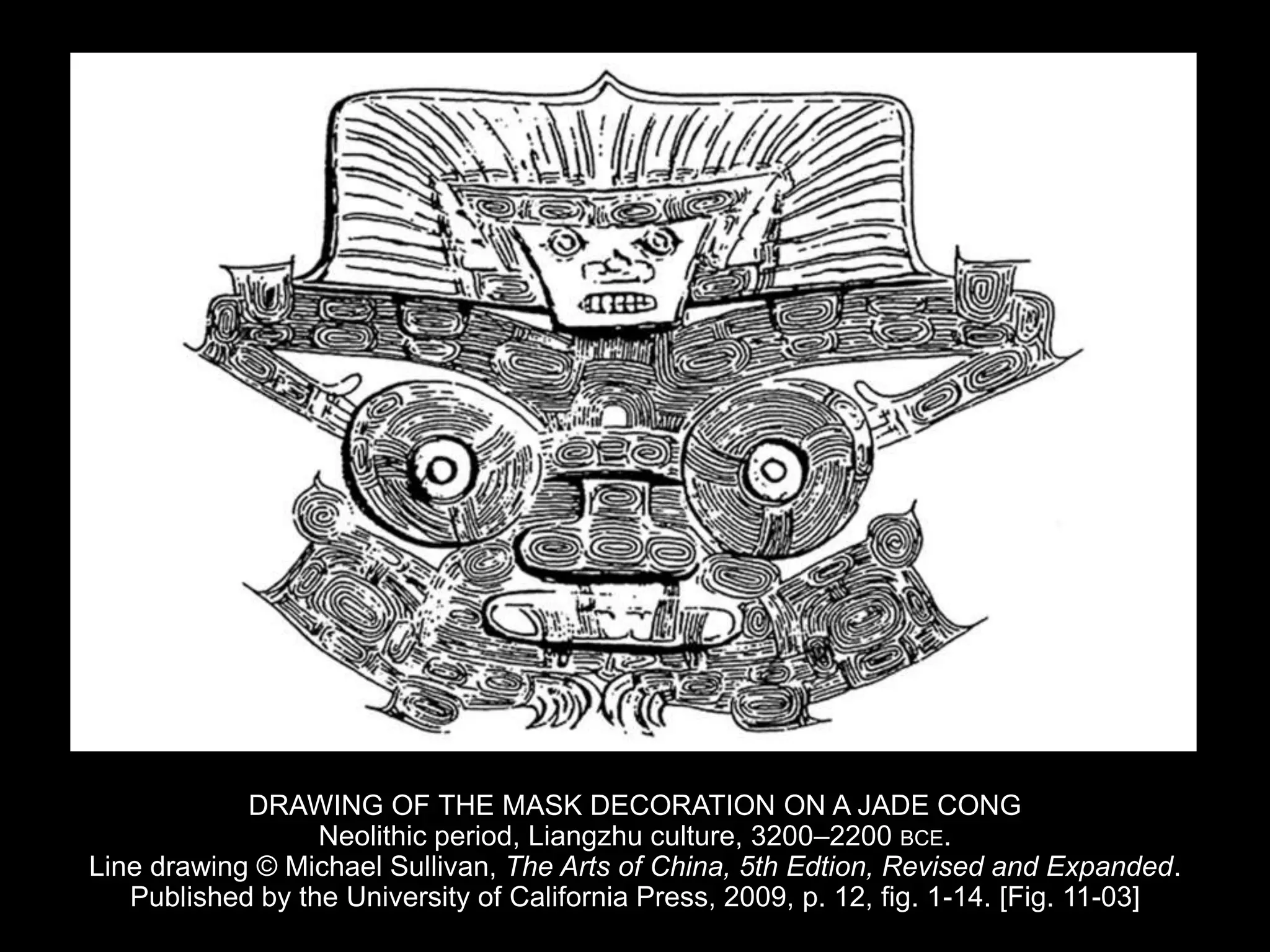 DRAWING OF THE MASK DECORATION ON A JADE CONG
Neolithic period, Liangzhu culture, 3200–2200 BCE.
Line drawing © Michael Sullivan, The Arts of China, 5th Edtion, Revised and Expanded.
Published by the University of California Press, 2009, p. 12, fig. 1-14. [Fig. 11-03]
 