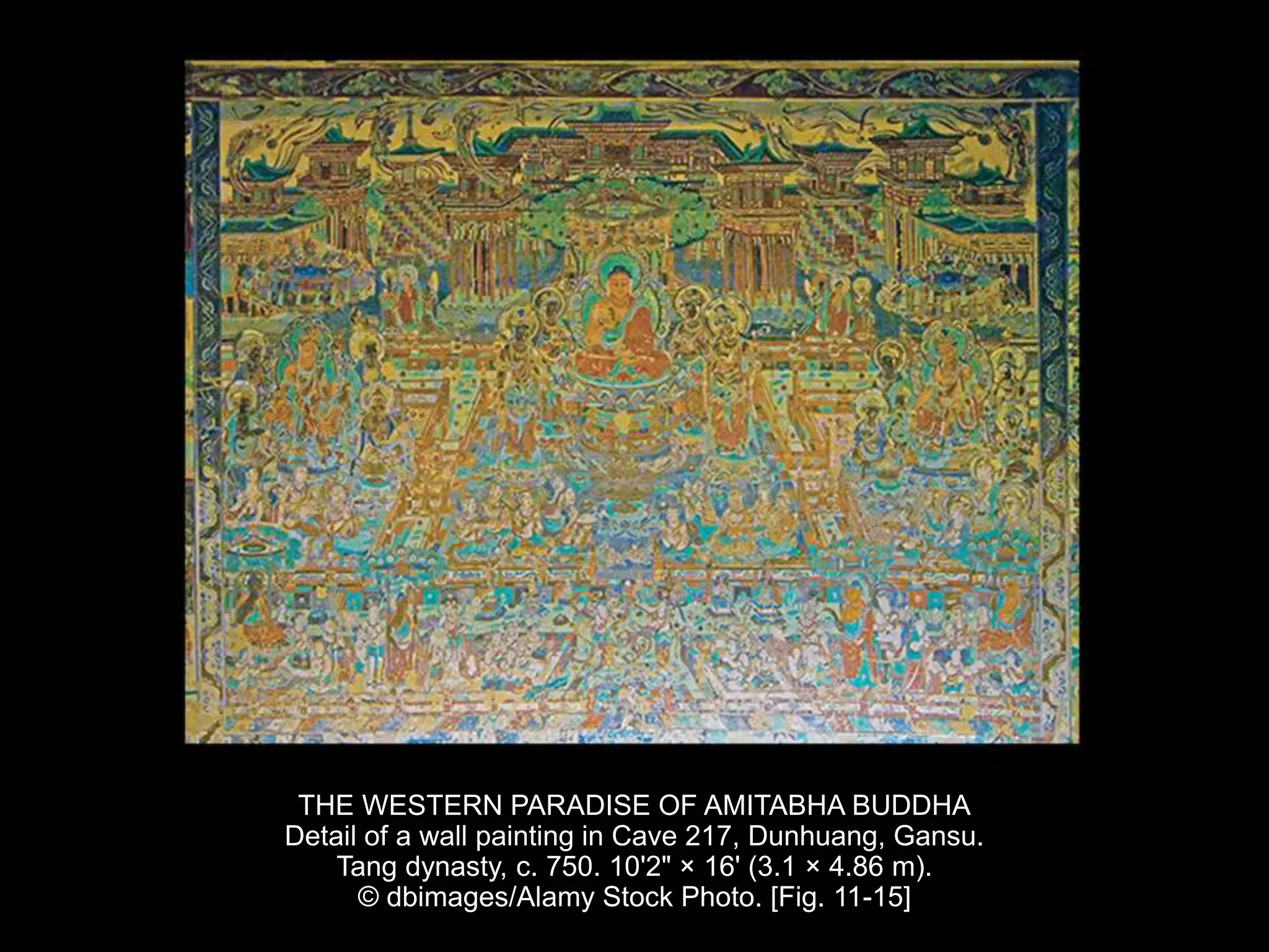 THE WESTERN PARADISE OF AMITABHA BUDDHA
Detail of a wall painting in Cave 217, Dunhuang, Gansu.
Tang dynasty, c. 750. 10'2" × 16' (3.1 × 4.86 m).
© dbimages/Alamy Stock Photo. [Fig. 11-15]
 