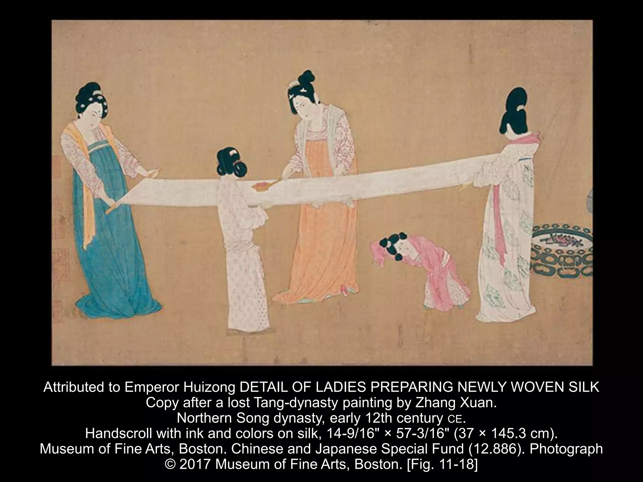Attributed to Emperor Huizong DETAIL OF LADIES PREPARING NEWLY WOVEN SILK
Copy after a lost Tang-dynasty painting by Zhang Xuan.
Northern Song dynasty, early 12th century CE.
Handscroll with ink and colors on silk, 14-9/16" × 57-3/16" (37 × 145.3 cm).
Museum of Fine Arts, Boston. Chinese and Japanese Special Fund (12.886). Photograph
© 2017 Museum of Fine Arts, Boston. [Fig. 11-18]
 