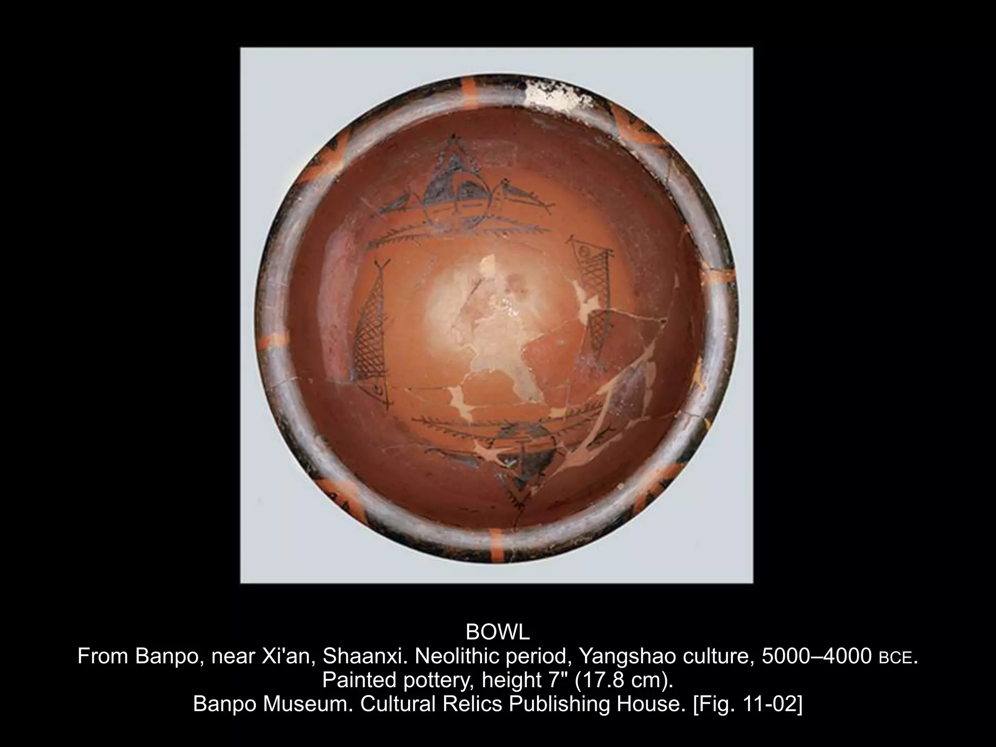 BOWL
From Banpo, near Xi'an, Shaanxi. Neolithic period, Yangshao culture, 5000–4000 BCE.
Painted pottery, height 7" (17.8 cm).
Banpo Museum. Cultural Relics Publishing House. [Fig. 11-02]
 