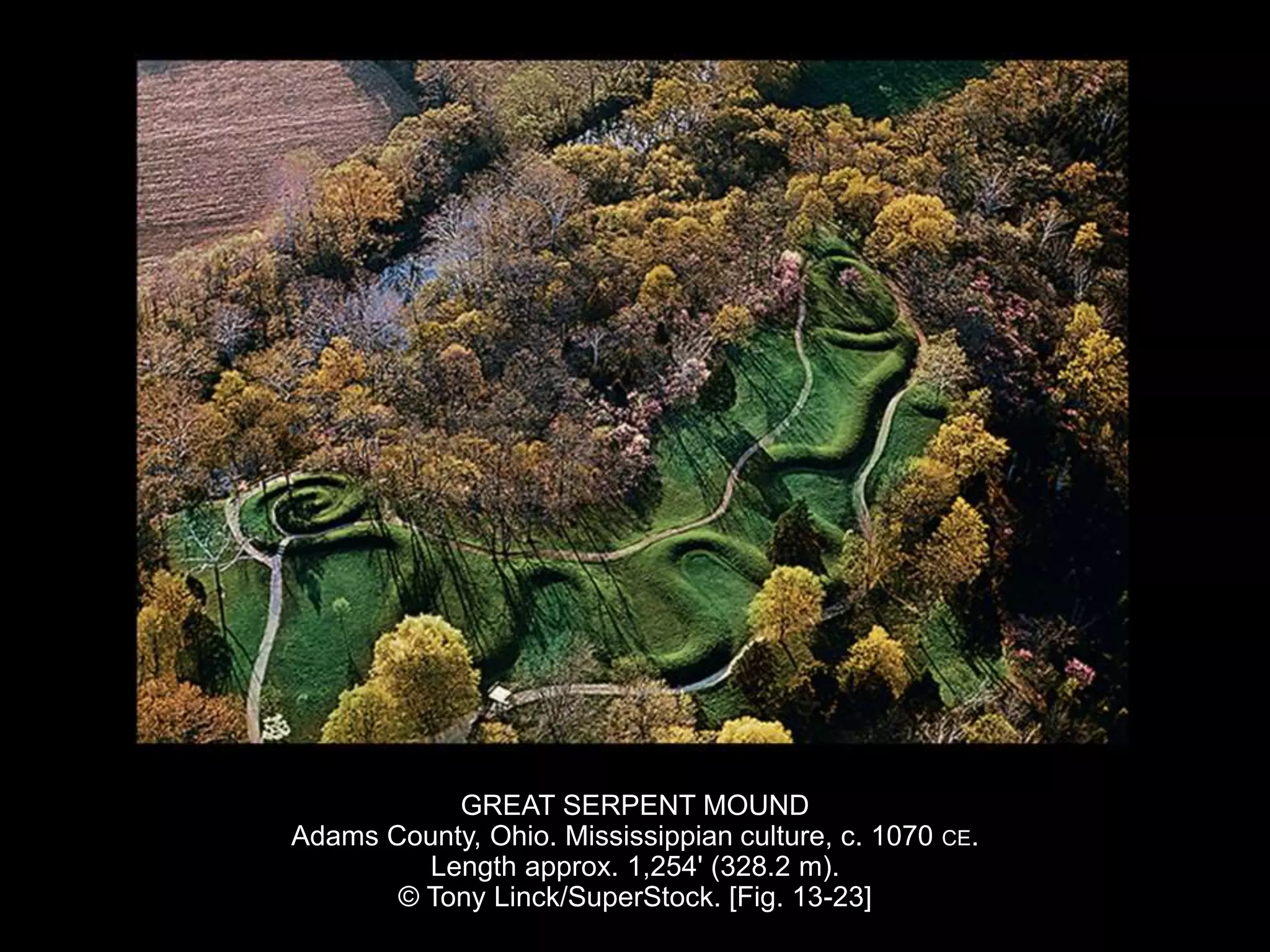 GREAT SERPENT MOUND
Adams County, Ohio. Mississippian culture, c. 1070 CE.
Length approx. 1,254' (328.2 m).
© Tony Linck/SuperStock. [Fig. 13-23]
 