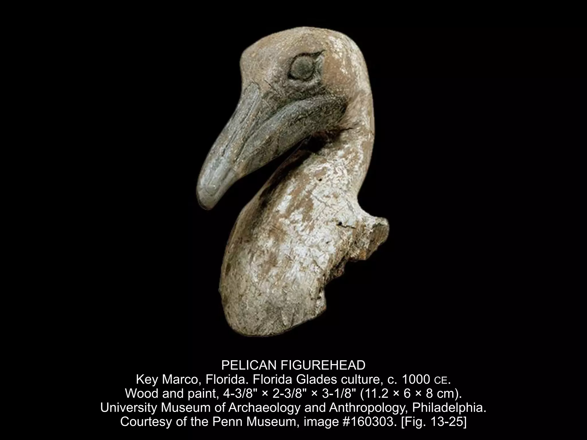 PELICAN FIGUREHEAD
Key Marco, Florida. Florida Glades culture, c. 1000 CE.
Wood and paint, 4-3/8" × 2-3/8" × 3-1/8" (11.2 × 6 × 8 cm).
University Museum of Archaeology and Anthropology, Philadelphia.
Courtesy of the Penn Museum, image #160303. [Fig. 13-25]
 