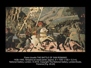 Paolo Uccello THE BATTLE OF SAN ROMANO
1438–1440. Tempera on wood panel, approx. 6' × 10'6" (1.82 × 3.2 m).
National Gallery, London. © 2016. Copyright The National Gallery, London/Scala,
Florence [Fig. 20-24]
 