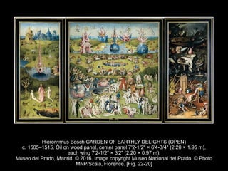 Hieronymus Bosch GARDEN OF EARTHLY DELIGHTS (OPEN)
c. 1505–1515. Oil on wood panel, center panel 7'2-1/2" × 6'4-3/4" (2.20 × 1.95 m),
each wing 7'2-1/2" × 3'2" (2.20 × 0.97 m).
Museo del Prado, Madrid. © 2016. Image copyright Museo Nacional del Prado. © Photo
MNP/Scala, Florence. [Fig. 22-20]
 