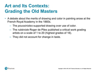 Copyright © 2018, 2014, 2011 Pearson Education, Inc. All Rights Reserved
Art and Its Contexts:
Grading the Old Masters
• A debate about the merits of drawing and color in painting arose at the
French Royal Academy in the 1860s.
– The poussinistes supported drawing over use of color.
– The rubéniste Roger de Piles published a critical work grading
artists on a scale of 1 to 20 (highest grades of 18).
– They did not account for change in taste.
 