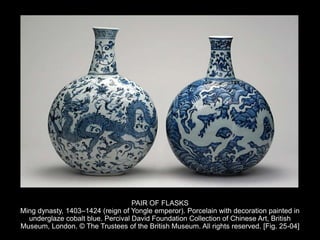 PAIR OF FLASKS
Ming dynasty, 1403–1424 (reign of Yongle emperor). Porcelain with decoration painted in
underglaze cobalt blue. Percival David Foundation Collection of Chinese Art, British
Museum, London. © The Trustees of the British Museum. All rights reserved. [Fig. 25-04]
 