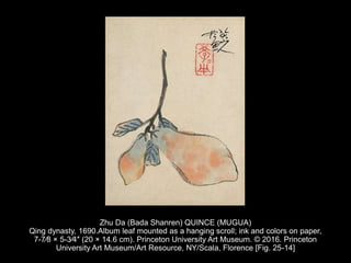 Zhu Da (Bada Shanren) QUINCE (MUGUA)
Qing dynasty, 1690.Album leaf mounted as a hanging scroll; ink and colors on paper,
7-7⁄8 × 5-3⁄4″ (20 × 14.6 cm). Princeton University Art Museum. © 2016. Princeton
University Art Museum/Art Resource, NY/Scala, Florence [Fig. 25-14]
 