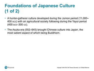Copyright © 2018, 2014, 2011 Pearson Education, Inc. All Rights Reserved
Foundations of Japanese Culture
(1 of 2)
• A hunter-gatherer culture developed during the Jomon period (11,000–
400 BCE) with an agricultural society following during the Yayoi period
(400 BCE–300 CE).
• The Asuka era (552–645) brought Chinese culture into Japan, the
most salient aspect of which being Buddhism.
 