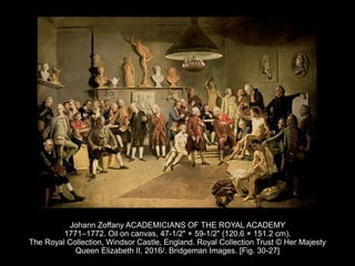 Johann Zoffany ACADEMICIANS OF THE ROYAL ACADEMY
1771–1772. Oil on canvas, 47-1/2" × 59-1/2" (120.6 × 151.2 cm).
The Royal Collection, Windsor Castle, England. Royal Collection Trust © Her Majesty
Queen Elizabeth II, 2016/. Bridgeman Images. [Fig. 30-27]
 