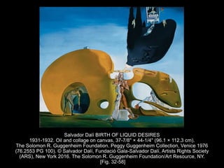 Salvador Dalí BIRTH OF LIQUID DESIRES
1931-1932. Oil and collage on canvas, 37-7/8" × 44-1/4" (96.1 × 112.3 cm).
The Solomon R. Guggenheim Foundation. Peggy Guggenheim Collection, Venice 1976
(76.2553 PG 100). © Salvador Dalí, Fundació Gala-Salvador Dalí, Artists Rights Society
(ARS), New York 2016. The Solomon R. Guggenheim Foundation/Art Resource, NY.
[Fig. 32-58]
 