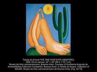 Tarsila do Amaral THE ONE WHO EATS (ABAPORÚ)
1928. Oil on canvas, 34" × 29" (86.4 × 73.7 cm).
Museo de Arte Latinoamericano, Buenos Aires. Courtesy of Guilherme Augusto do
Amaral/Malba-Coleccion Constantini, Buenos Aires. © Tarsila do Amara. Collection of
MALBA, Museo de Arte Latinoamericano de Buenos Aires. [Fig. 32-75]
 