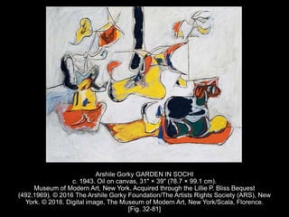 Arshile Gorky GARDEN IN SOCHI
c. 1943. Oil on canvas, 31" × 39" (78.7 × 99.1 cm).
Museum of Modern Art, New York. Acquired through the Lillie P. Bliss Bequest
(492.1969). © 2016 The Arshile Gorky Foundation/The Artists Rights Society (ARS), New
York. © 2016. Digital image, The Museum of Modern Art, New York/Scala, Florence.
[Fig. 32-81]
 