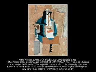 Pablo Picasso BOTTLE OF SUZE (LA BOUTEILLE DE SUZE)
1912. Pasted paper, gouache, and charcoal, 25-3/4" × 19-3/4" (65.4 × 50.2 cm). Mildred
Lane Kemper Art Museum, Washington University in St. Louis. University purchase,
Kende Sale Fund, 1946. © 2016 Estate of Pablo Picasso/Artists Rights Society (ARS),
New York. Photo © Hans Hinz/ARTOTHEK. [Fig. 32-09]
 