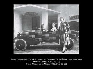 Sonia Delaunay CLOTHES AND CUSTOMIZED CITROËN B-12 (EXPO 1925
MANNEQUINS AVEC AUTO)
From Maison de la Mode. 1925. [Fig. 32-20]
 