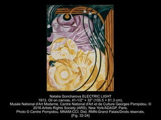 Natalia Goncharova ELECTRIC LIGHT
1913. Oil on canvas, 41-1/2" × 32" (105.5 × 81.3 cm).
Musée National d'Art Moderne, Centre National d'Art et de Culture Georges Pompidou. ©
2016 Artists Rights Society (ARS), New York/ADAGP, Paris.
Photo © Centre Pompidou, MNAM-CCI, Dist. RMN-Grand Palais/Droits réservés.
[Fig. 32-24]
 