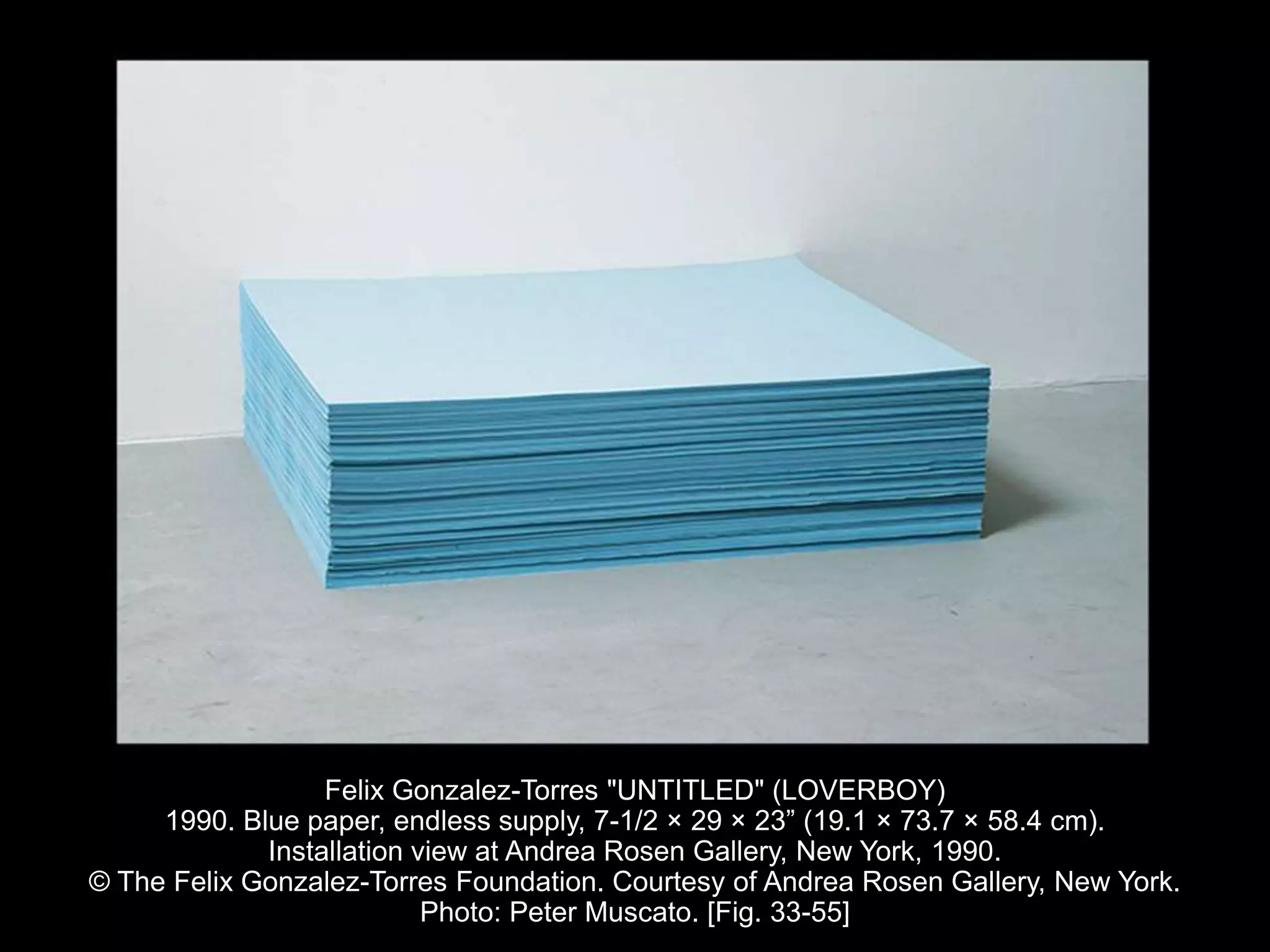 Felix Gonzalez-Torres "UNTITLED" (LOVERBOY)
1990. Blue paper, endless supply, 7-1/2 × 29 × 23” (19.1 × 73.7 × 58.4 cm).
Installation view at Andrea Rosen Gallery, New York, 1990.
© The Felix Gonzalez-Torres Foundation. Courtesy of Andrea Rosen Gallery, New York.
Photo: Peter Muscato. [Fig. 33-55]
 