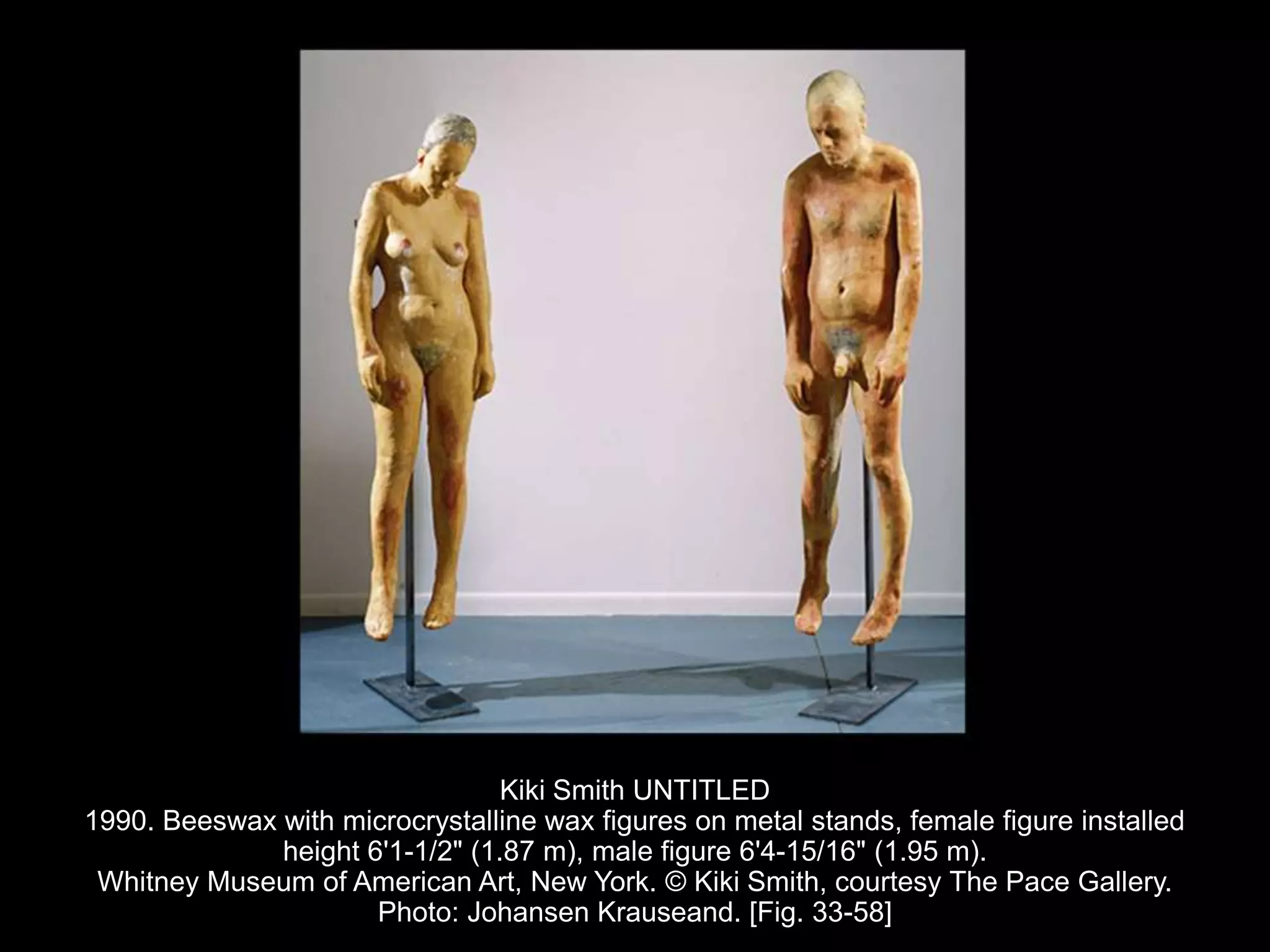 Kiki Smith UNTITLED
1990. Beeswax with microcrystalline wax figures on metal stands, female figure installed
height 6'1-1/2" (1.87 m), male figure 6'4-15/16" (1.95 m).
Whitney Museum of American Art, New York. © Kiki Smith, courtesy The Pace Gallery.
Photo: Johansen Krauseand. [Fig. 33-58]
 