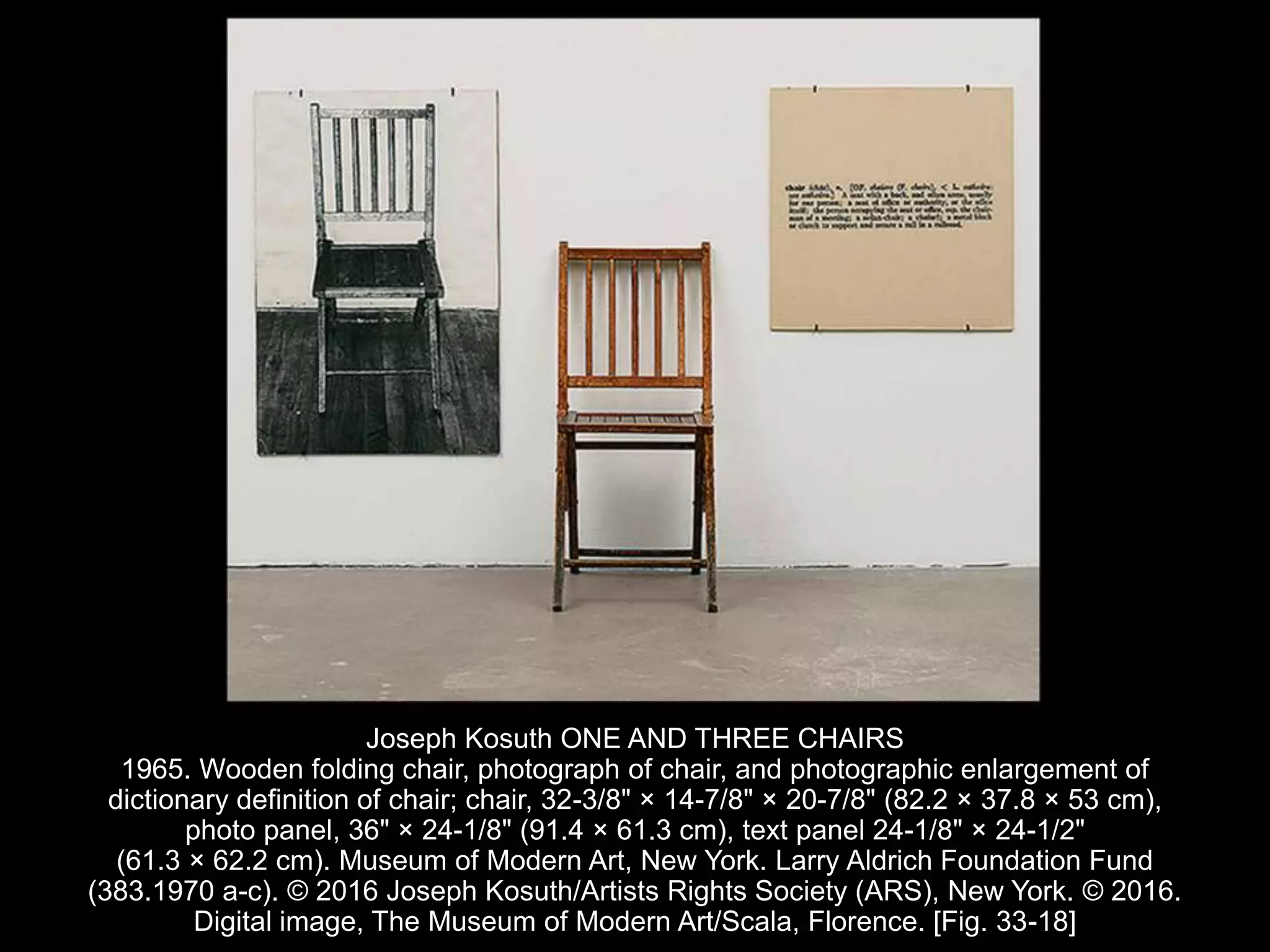 Joseph Kosuth ONE AND THREE CHAIRS
1965. Wooden folding chair, photograph of chair, and photographic enlargement of
dictionary definition of chair; chair, 32-3/8" × 14-7/8" × 20-7/8" (82.2 × 37.8 × 53 cm),
photo panel, 36" × 24-1/8" (91.4 × 61.3 cm), text panel 24-1/8" × 24-1/2"
(61.3 × 62.2 cm). Museum of Modern Art, New York. Larry Aldrich Foundation Fund
(383.1970 a-c). © 2016 Joseph Kosuth/Artists Rights Society (ARS), New York. © 2016.
Digital image, The Museum of Modern Art/Scala, Florence. [Fig. 33-18]
 