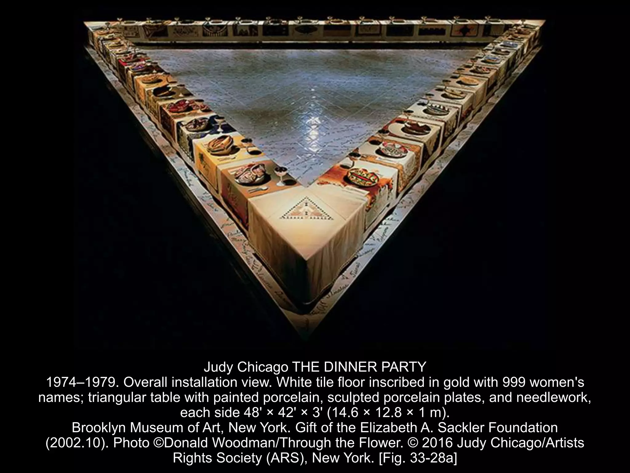 Judy Chicago THE DINNER PARTY
1974–1979. Overall installation view. White tile floor inscribed in gold with 999 women's
names; triangular table with painted porcelain, sculpted porcelain plates, and needlework,
each side 48' × 42' × 3' (14.6 × 12.8 × 1 m).
Brooklyn Museum of Art, New York. Gift of the Elizabeth A. Sackler Foundation
(2002.10). Photo ©Donald Woodman/Through the Flower. © 2016 Judy Chicago/Artists
Rights Society (ARS), New York. [Fig. 33-28a]
 
