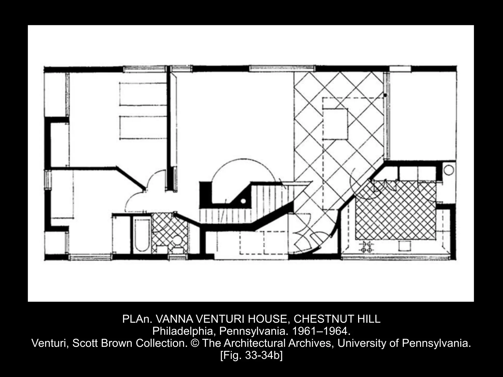 PLAn. VANNA VENTURI HOUSE, CHESTNUT HILL
Philadelphia, Pennsylvania. 1961–1964.
Venturi, Scott Brown Collection. © The Architectural Archives, University of Pennsylvania.
[Fig. 33-34b]
 