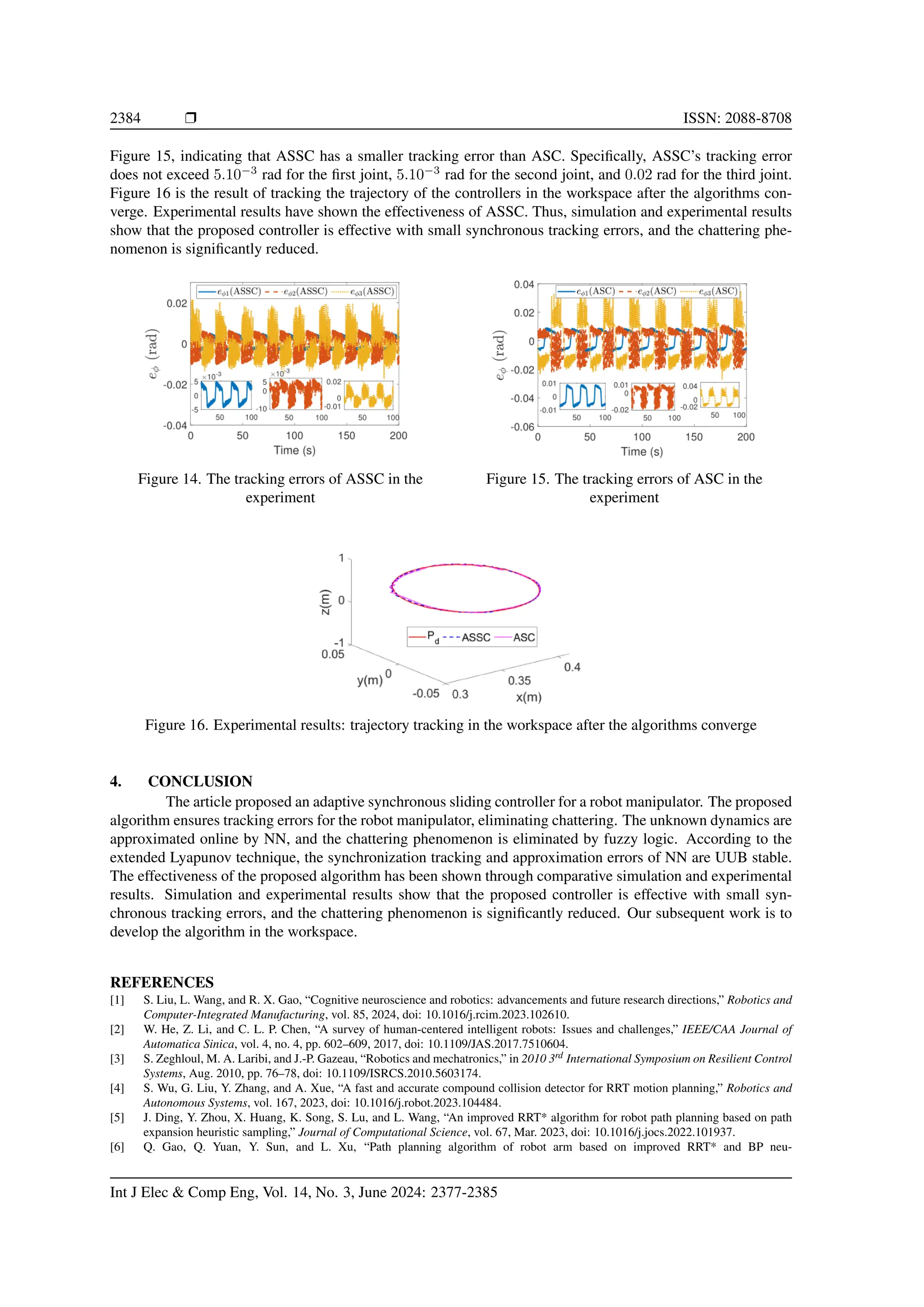2384 ❒ ISSN: 2088-8708 Figure 15, indicating that ASSC has a smaller tracking error than ASC. Specifically, ASSC’s tracking error does not exceed 5.10−3 rad for the first joint, 5.10−3 rad for the second joint, and 0.02 rad for the third joint. Figure 16 is the result of tracking the trajectory of the controllers in the workspace after the algorithms con- verge. Experimental results have shown the effectiveness of ASSC. Thus, simulation and experimental results show that the proposed controller is effective with small synchronous tracking errors, and the chattering phe- nomenon is significantly reduced. Figure 14. The tracking errors of ASSC in the experiment Figure 15. The tracking errors of ASC in the experiment Figure 16. Experimental results: trajectory tracking in the workspace after the algorithms converge 4. CONCLUSION The article proposed an adaptive synchronous sliding controller for a robot manipulator. The proposed algorithm ensures tracking errors for the robot manipulator, eliminating chattering. The unknown dynamics are approximated online by NN, and the chattering phenomenon is eliminated by fuzzy logic. According to the extended Lyapunov technique, the synchronization tracking and approximation errors of NN are UUB stable. The effectiveness of the proposed algorithm has been shown through comparative simulation and experimental results. Simulation and experimental results show that the proposed controller is effective with small syn- chronous tracking errors, and the chattering phenomenon is significantly reduced. Our subsequent work is to develop the algorithm in the workspace. REFERENCES [1] S. Liu, L. Wang, and R. X. Gao, “Cognitive neuroscience and robotics: advancements and future research directions,” Robotics and Computer-Integrated Manufacturing, vol. 85, 2024, doi: 10.1016/j.rcim.2023.102610. [2] W. He, Z. Li, and C. L. P. Chen, “A survey of human-centered intelligent robots: Issues and challenges,” IEEE/CAA Journal of Automatica Sinica, vol. 4, no. 4, pp. 602–609, 2017, doi: 10.1109/JAS.2017.7510604. [3] S. Zeghloul, M. A. Laribi, and J.-P. Gazeau, “Robotics and mechatronics,” in 2010 3rd International Symposium on Resilient Control Systems, Aug. 2010, pp. 76–78, doi: 10.1109/ISRCS.2010.5603174. [4] S. Wu, G. Liu, Y. Zhang, and A. Xue, “A fast and accurate compound collision detector for RRT motion planning,” Robotics and Autonomous Systems, vol. 167, 2023, doi: 10.1016/j.robot.2023.104484. [5] J. Ding, Y. Zhou, X. Huang, K. Song, S. Lu, and L. Wang, “An improved RRT* algorithm for robot path planning based on path expansion heuristic sampling,” Journal of Computational Science, vol. 67, Mar. 2023, doi: 10.1016/j.jocs.2022.101937. [6] Q. Gao, Q. Yuan, Y. Sun, and L. Xu, “Path planning algorithm of robot arm based on improved RRT* and BP neu- Int J Elec Comp Eng, Vol. 14, No. 3, June 2024: 2377-2385 