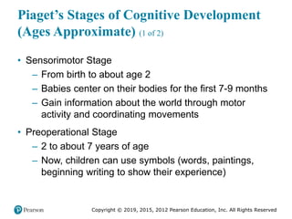 Copyright © 2019, 2015, 2012 Pearson Education, Inc. All Rights Reserved
Piaget’s Stages of Cognitive Development
(Ages Approximate) (1 of 2)
• Sensorimotor Stage
– From birth to about age 2
– Babies center on their bodies for the first 7-9 months
– Gain information about the world through motor
activity and coordinating movements
• Preoperational Stage
– 2 to about 7 years of age
– Now, children can use symbols (words, paintings,
beginning writing to show their experience)
 