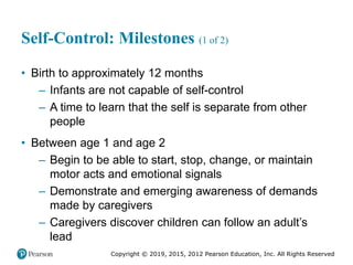 Copyright © 2019, 2015, 2012 Pearson Education, Inc. All Rights Reserved
Self-Control: Milestones (1 of 2)
• Birth to approximately 12 months
– Infants are not capable of self-control
– A time to learn that the self is separate from other
people
• Between age 1 and age 2
– Begin to be able to start, stop, change, or maintain
motor acts and emotional signals
– Demonstrate and emerging awareness of demands
made by caregivers
– Caregivers discover children can follow an adult’s
lead
 