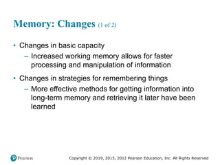 Copyright © 2019, 2015, 2012 Pearson Education, Inc. All Rights Reserved
Memory: Changes (1 of 2)
• Changes in basic capacity
– Increased working memory allows for faster
processing and manipulation of information
• Changes in strategies for remembering things
– More effective methods for getting information into
long-term memory and retrieving it later have been
learned
 
