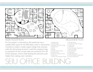 SEIU OF FICE BUILDI N G
1.
2.
3.
4.
5. 6.
7.
8.
9.
10.
11.
12.
13.
14.
15.
16.
17.
18.
19.
20.
21.
22.
23.
MAI N F LO OR P L AN MEZ Z ANI NE P L AN
1. Strategy Room
2. Office Manager
3. Reception and Guest Lounge
4.Training Room
5. Kitchen
6. Storage
7. Small Conference Room
8. Executive Suite
9. Executive Conference Room
10. Restrooms
11. Janitor and Mechanical Closets
12. Storage Rooms
13. Government Affairs Manager
14. Copy Room
15. StaffTrainer
16. Communications Department
17. LRRs and SLRRs
18. Secretarial Pool
19. Legal Library
20. Legal Department
21. Info and Research Department
22. Finance Department
For this project, I converted an old warehouse into a
useable office space for the SEIU labor union in Sacramento.
I wanted to create a moder, organic design that contrasts
witht the old existing structure. I used the company’s logo
as inspiration for the curved walls, and worked to fit in all
of the necessary rooms while keeping the executive suite
hidden from visiting union members.
 