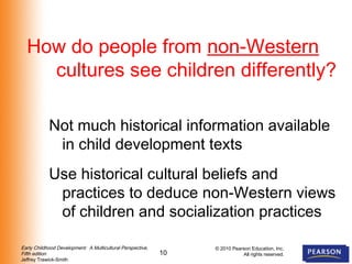 10
Early Childhood Development: A Multicultural Perspective,
Fifth edition
Jeffrey Trawick-Smith
© 2010 Pearson Education, Inc.
All rights reserved.
How do people from non-Western
cultures see children differently?
Not much historical information available
in child development texts
Use historical cultural beliefs and
practices to deduce non-Western views
of children and socialization practices
 