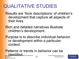 28
Early Childhood Development: A Multicultural Perspective,
Fifth edition
Jeffrey Trawick-Smith
© 2010 Pearson Education, Inc.
All rights reserved.
QUALITATIVE STUDIES
Results are ‘thick descriptions’ of children’s
development that capture all aspects of
their lives.
Rich and detailed narratives illustrate
children’s development.
Purpose is to describe individual behavior
or development within a particular
context.
Patterns or trends in behavior can be
identified.
 